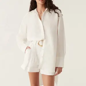 Good Quality OEM/ODM Vintage Women White Linen Shirt Tops Turn Down Collar Long Sleeve Button Blouses Trending Loose
