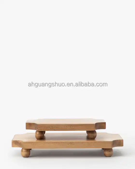 Tablero de pedestal artesanal de madera, bandeja de exhibición decorativa de madera con pies, Juego de 2 elevadores de pedestal de madera bandeja pequeña