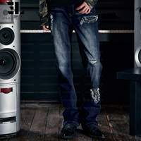 LARSUR Custom Denim Factory Premium Distress Wash Flare Denim Pant studded Rivet Western Classic Ripped Damage BootCut Jeans Homme