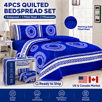 En stock : Ensemble de literie matelassé 4 pièces avec drap-housse uni assorti et couvre-lit imprimé pour le marché américain et canadien