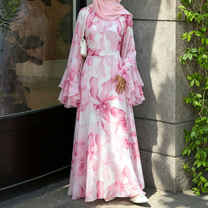 Loriya 2026 Abaya Estiva in Chiffon Floreale a Due Strati con Maniche Svasate, Vestito Lungo Islamico Modesto per Donna, Vendita all'Ingrosso - Product Image 3