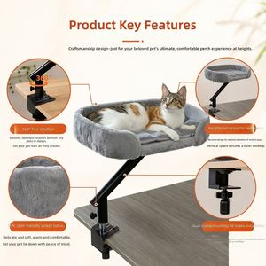 Hamaca para Gatos Montada en Escritorio que Ahorra Espacio, Cama Elevada Giratoria 360° de Felpa, con Abrazadera para Mesa, Percha de Descanso para Gatos - Product Image 3