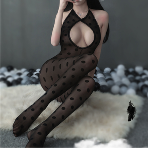 Lencería sexy de mujer con cuello Halter espalda descubierta encaje Bodystocking entrepierna abierta puntos estampado ver a través de medias de peluche - Product Image 6