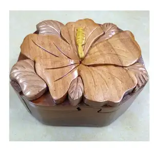 Tallado madera puzzle caja con flor de hibisco forma recuerdo caja de madera tallada (Ms Sandy 84587176063 WS)