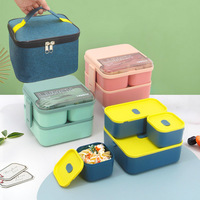 Boîte à lunch portable carrée de 1800 ml à double couche avec 3 compartiments, pour l'école, les adultes, le bureau, en plastique, avec sac, cuillère et fourchette