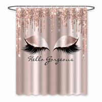 Rideau de douche rose doré avec motif pailleté cils et yeux, rideau décoratif rose blush pour salle de bain moderne