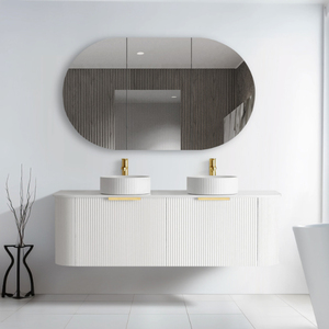 Mobile <span class=keywords><strong>Bagno</strong></span> Moderno Bianco Sospeso a Parete con Finitura Scanalata e Curva - Product Image 2