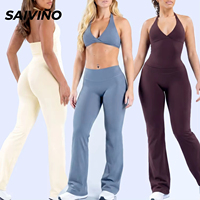 Ensemble de sport et yoga : Haut dos nu à col en V, pantalon évasé taille haute effet push-up, short de fitness et course ultra-extensible, haut de yoga à manches longues