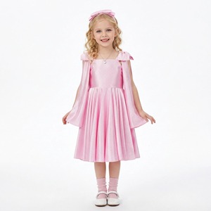 Vestito Rosa Scintillante per Bambine in Spandex/Poliestere con Fiocco sulle Spalline, Pieghe a Gonna Svasata, Tinta Unita, per Feste di <span class=keywords><strong>Compleanno</strong></span> e Cerimonie Primaverili - Product Image 1