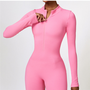 Wholesale Sports Jumpsuits Long Sleeve Zipper Elastic Yoga Ribbed Overalls Women Activewear Workout <strong>Clothes</strong> Dancing Jumpsuit - Product Image 4