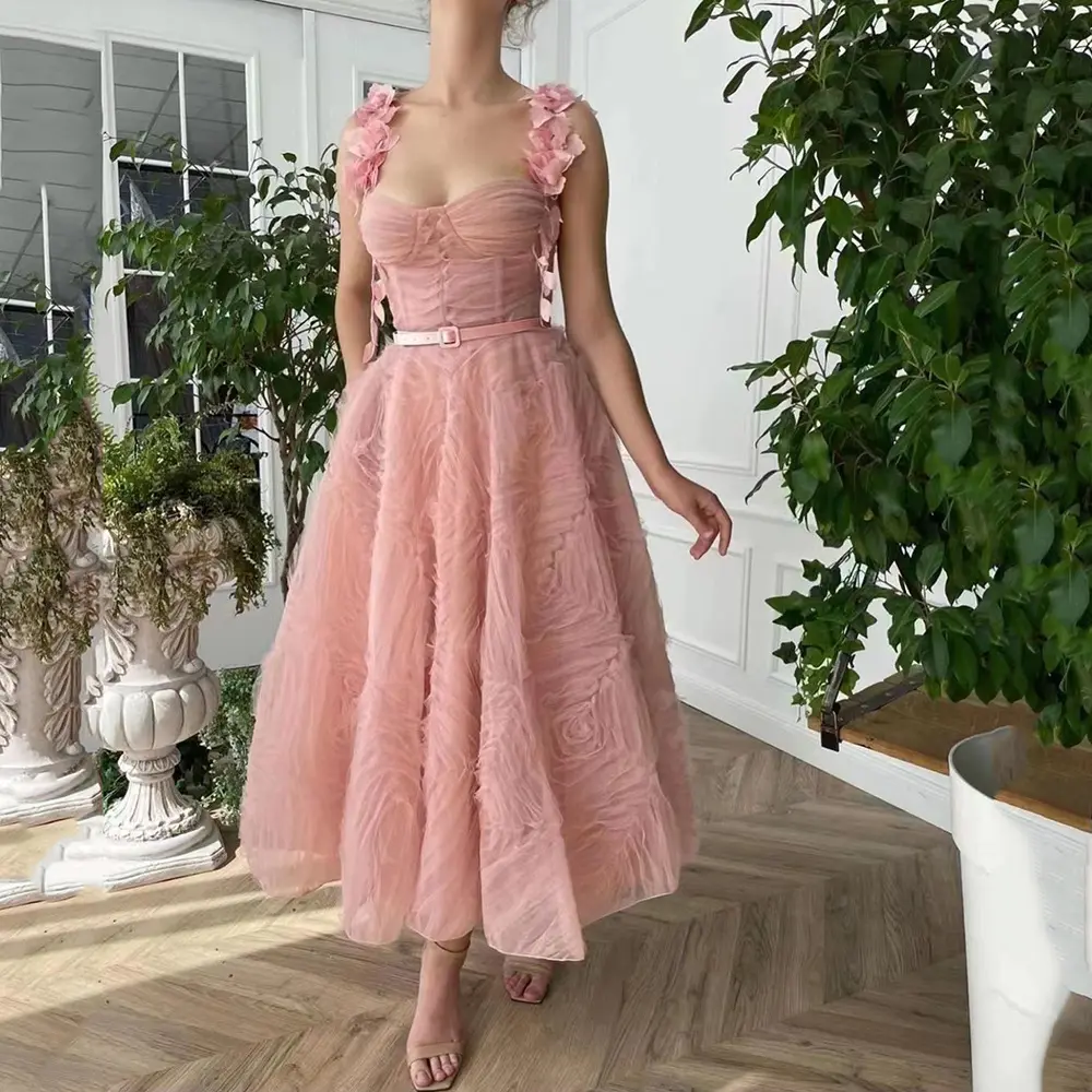 K&Y Ladies Pink Mesh Floral Spaghetti Straps A-line Prom Dresses Evening Womens Wedding Long Bridesmaid Dresses