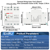Untuk 2P 4P 80A AC110V 230V Mini ATS Saklar Transfer Otomatis Daya Ganda Pemilih Manual Pemasangan Rel Din IP30 50ms EAATS-F-CG EARU