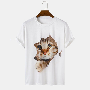 เสื้อยืดคอกลมแขนสั้นลายแมว 3 มิติ สำหรับผู้ชาย เสื้อยืดลำลองผ้าฝ้าย พิมพ์ลายแมวเหมือนจริง เสื้อฤดูร้อน - Product Image 1