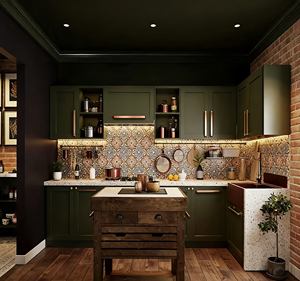 Moss Green Rustic-Industrial Kitchen Cabinet Set-Reclaimed Island & Copper Accents, Chic Multi-Zone Hub for Urban Designer Homes - Product Image 1