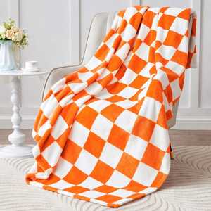 Checkered Throw <b>Blanket</b> , Luxurious Fleece <b>Blanket</b> with Checkerboard Grid Home Decor, Soft Cozy Orange and White Warm <b>Blankets</b> - Product Image 3