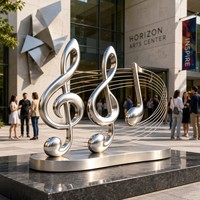 Escultura Cinética Moderna de Acero Inoxidable Pulido con Temática Musical Abstracta y Elementos de Hadas y Animales para Espacios Públicos al Aire Libre