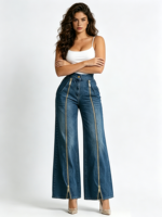 Jean large à double fermeture éclair pour femme, taille haute, en denim fluide, coupe droite, ample, décontracté, style streetwear