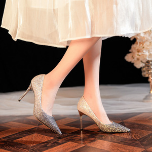 6681-69 Escarpins à paillettes à bout pointu, talon aiguille très haut, chaussures de mariée à enfiler, décoration en cristal, tendance mode - Product Image 4