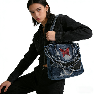 Bolso Tote de Mezclilla Desgastada Estilo Y2K con Bordado de Mariposa Roja y Remaches Punk, Bolso Bandolera Vintage Lavado <span class=keywords><strong>para</strong></span> <span class=keywords><strong>Mujer</strong></span> - Product Image 3