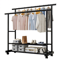 Rak Pakaian Logam Beroda Kapasitas Besar dengan Dua Tiang, Organizer Penyimpanan untuk Kamar Tidur/Balkon, untuk Pakaian & Sepatu, gantungan baju