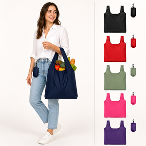 Reusable Grocery Bags Foldable 52cm Lightweight Nylon Tote Folds Into Pouch Carabiner Clip <b>Hook</b> Reinforced Handles 6 Colors Bulk - Product Image 1