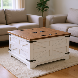 Mesa de centro cuadrada blanca estilo farmhouse con tapas abatibles con almacenamiento oculto para sala de estar - Product Image 2