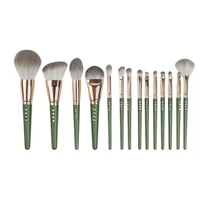Wholesale 14pcs Green Handle Cosmetic Makeup Brushes Set with Crystal Stone China Distributor