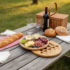 Plateau de service rond pour pique-nique en bambou avec plateau à fromage, ensemble de couteaux et <span class=keywords><strong>ardoise</strong></span> - Product Image 2