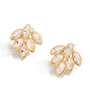 Crystal Stud <b>Earrings</b> Gold Plated Marquise Rhinestone Leaf Design Everyday Wear Bezel Setting Stainless Steel <b>Posts</b> - Product Image 5