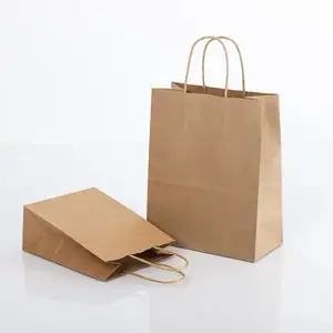 Logo kustom daur ulang murah pembawa belanja tas kertas Kraft dengan pegangan Putar