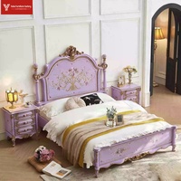 Lit de princesse haut de gamme en bois massif, peint à la main, doré, vintage, violet taro, style français, lit double/queen pour chambre principale
