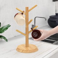 Support de rangement suspendu pour tasses de cuisine, séchoir à tasses en bambou avec 6 crochets pour mugs et tasses à café