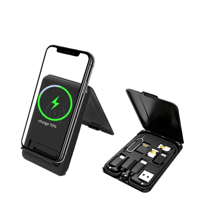 15W Multi-Functional Compact Cable Adapter Kit Cable Convertor Storage Box With Wireless Charger for iPhone Samsung Huawei