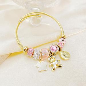 <span class=keywords><strong>Bracelet</strong></span> jonc unisexe <span class=keywords><strong>en</strong></span> acier inoxydable plaqué or 18 carats avec pendentif papillon et ours, orné de cristaux et de perles, pour une mode tendance - Product Image 4
