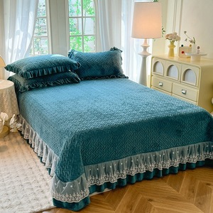 Winter Warm Thickened Quilted Milk Fleece Bed Skirt, <strong>Double</strong> Layer Lace Trim Solid Color 3-Piece <strong>Bedspread</strong> for Queen Bed - Product Image 4