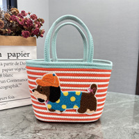 Sac fourre-tout en tricot rayé brodé avec motif de Teckel mignon, mini sac à main au crochet, sac à bandoulière décontracté pour femme avec patch de chiot de dessin animé