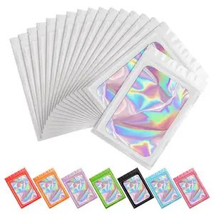 White Smell Proof Mylar Bags Clear Resealable Foil Flat Pouch Holographic Packaging Bags For Food Storage Lipgloss Jewelry