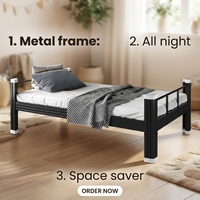 Lit simple en métal pour l'école, cadre noir en acier, lit double pour adultes avec armoire à chaussures