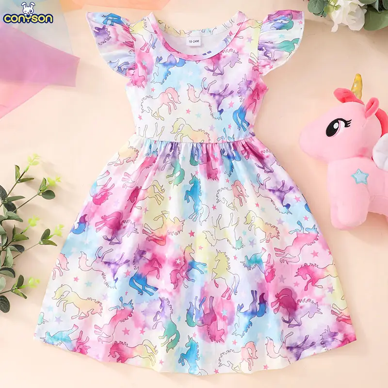 Conyson 2024 Hot Sale New Cute Style Girls Dress Flying Sleeve Dress Baby Girls Kids Party Tutu Ruffle Rainbow Cartoon Dresses