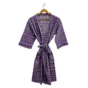 Purple Floral Print Women's Kimono Robe <b>Three</b> Quarter Sleeve V-neck Wrap Belt Loose Fit Midi Length Casual Wear All Seasons - Product Image 1