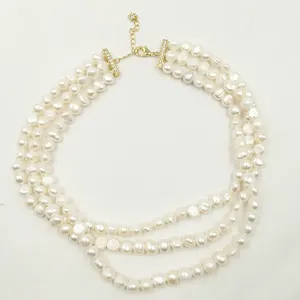 Natuur Natuur Zoetwaterparel En 3 Lijnen Choker Ketting, Messing Echte 18K Gold Plating Sluiting 13 Inch-16 Inch - Product Image 3