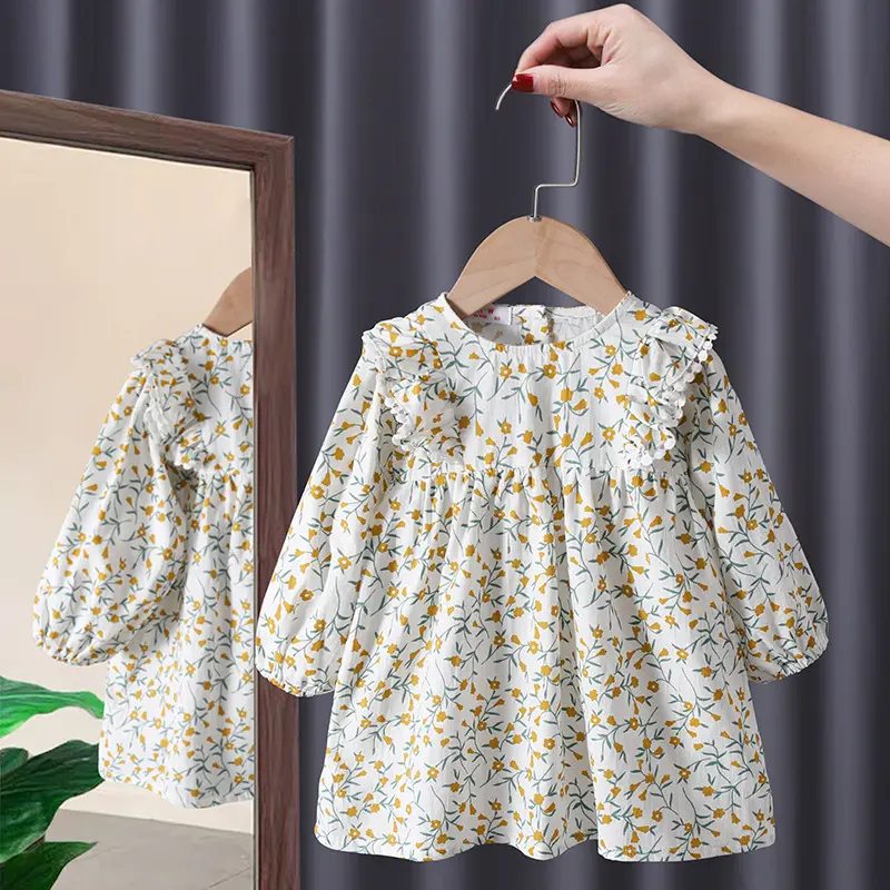 2022 spring and autumn new girls' baby clothes skirt long sleeve cotton idyllic baby princess floral dresses