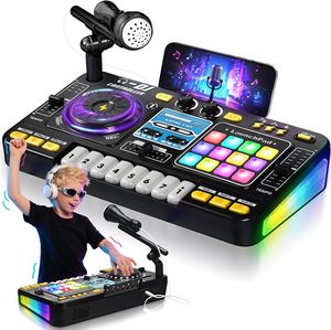 Table de mixage DJ électronique pour enfants, jouet de simulation avec microphone, contrôle de la vitesse de la lumière et mode de jeu musical - Product Image 1