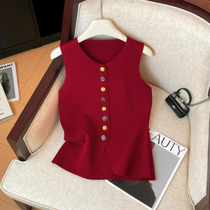 <span class=keywords><strong>Gilet</strong></span> en tricot élégant français à col rond et boutons floraux, <span class=keywords><strong>sans</strong></span> manches, ajusté pour <span class=keywords><strong>femme</strong></span>, haut chic, <span class=keywords><strong>gilet</strong></span> féminin - Product Image 1