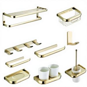 Porte-serviettes mural portable en laiton doré, ensemble de huit pièces, accessoires de rangement pour salle de bain - Product Image 4