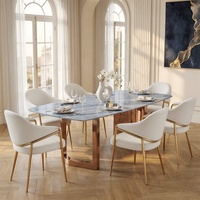 Table à manger en marbre bleu naturel avec base en acier inoxydable rose gold en forme de U, italienne, 8 places |   Personnalisé 160-240cm |   Projet de villa OEM