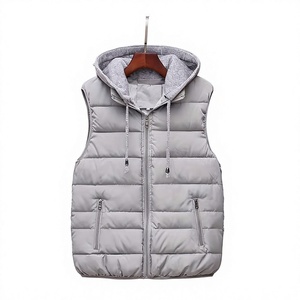 Men's Gray Hooded Winter Vest Zipper Pockets Casual Outerwear Windproof Solid Color Polyester Wadding Canvas 340g - Product Image 1