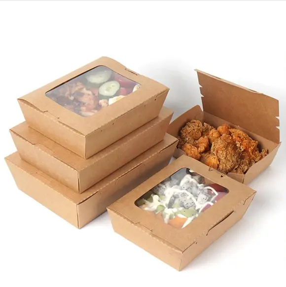 Easy-boîtes d'emballage jetables en papier Kraft de qualité alimentaire, boîte en papier écologique avec fenêtre