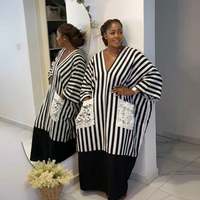 Robe longue décontractée d'été pour femme grande taille, style Bubu, élégante, noire à rayures blanches, avec poches en dentelle – Nouvelle collection 2025 – Vente en gros