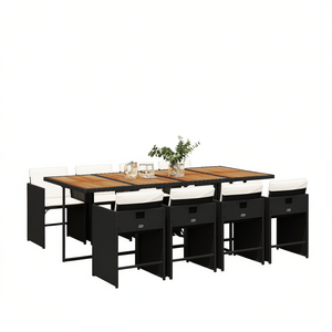 Ensemble de salle à manger d'extérieur en rotin noir 8 places avec plateau en teck et structure en acier, mobilier de jardin contemporain résistant aux intempéries pour terrasse - Product Image 1